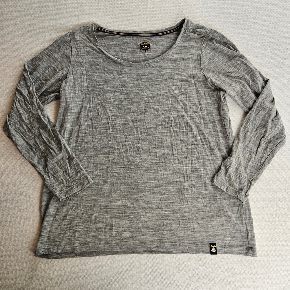 Cabelas Mens 2XL Icebreaker Merino Wool Base Layer Shirt Gray Long Sleeve Scoop
